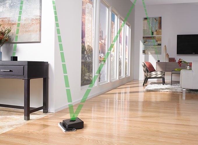 Braava 300 scanning with Navigation Cubes around tile and hardwood floor rooms
